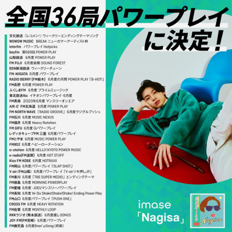 imase、新曲「Nagisa」が全国36局パワープレイに