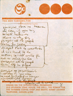 「イマジン」手書きの歌詞（@Yoko Ono）の画像