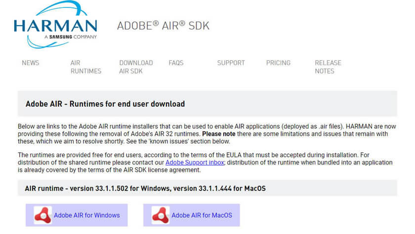 ハーマンのAdobe AIR公式サイトより。WindowsとMacOSといったPC版のみダウンロードできる。