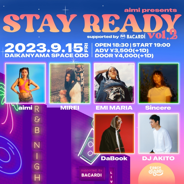 『aimi presents ‘STAY READY vol.2’ supported by BACARDI』出演者ありキービジュアル