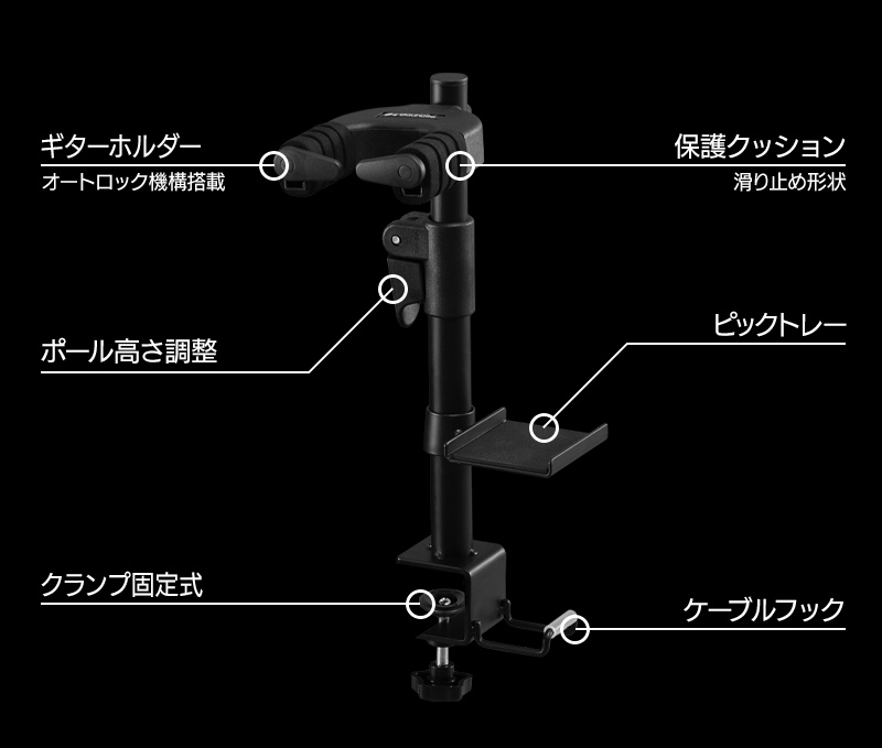 デスクに取付けられる吊り下げ式ギタースタンドの画像