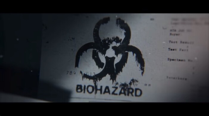 「BIO HAZARD（生物災害）」と書かれたなにか。過去作では「ノヴァ6」という毒ガス兵器が登場しており、不穏な印象を受ける