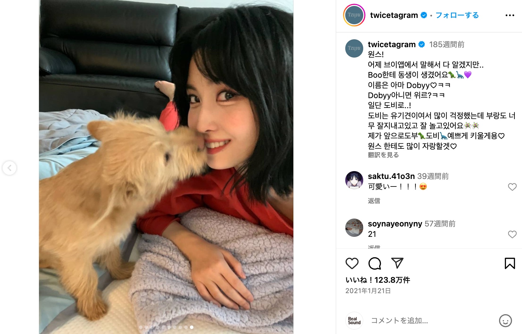 TWICE MOMO、愛犬とリラックスモードの画像