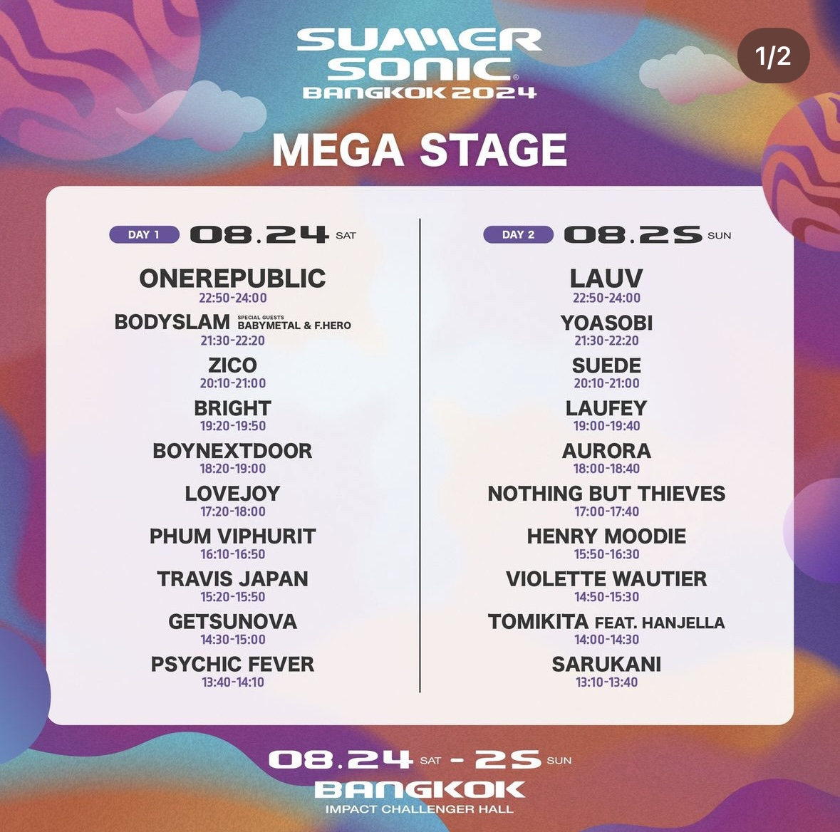 『SUMMER SONIC Bangkok 2024』MEGA STAGE タイムテーブル