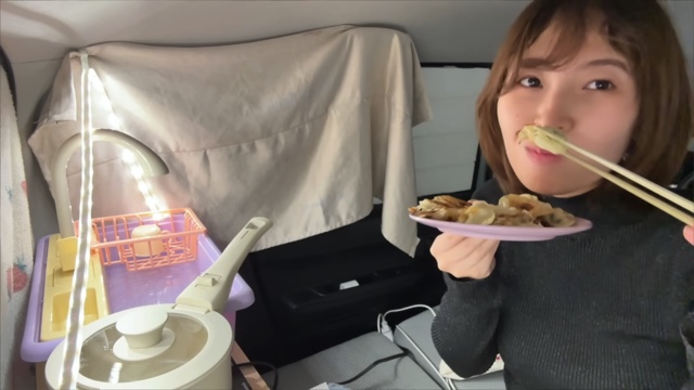 車中泊女子YouTuber、餃子とビールで晩酌→爆睡の画像