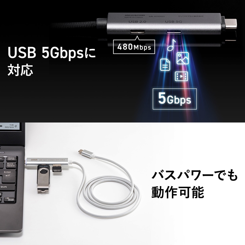 USBハブ一体型のType-C充電ケーブルの画像