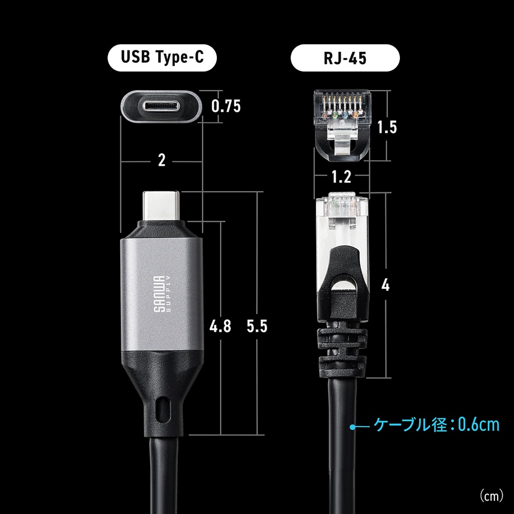 USB-CからLANポートに1本で繋がるケーブルの画像