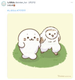 走るフクロウとしろたんのイラスト