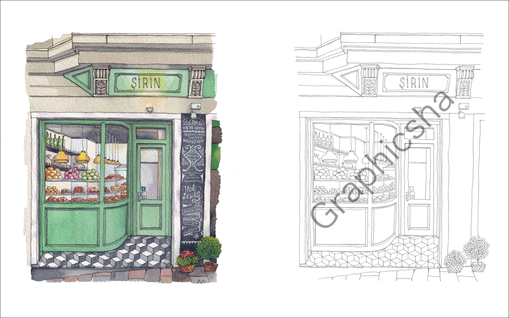 大人の塗り絵『素敵なお店のたたずまい』の画像