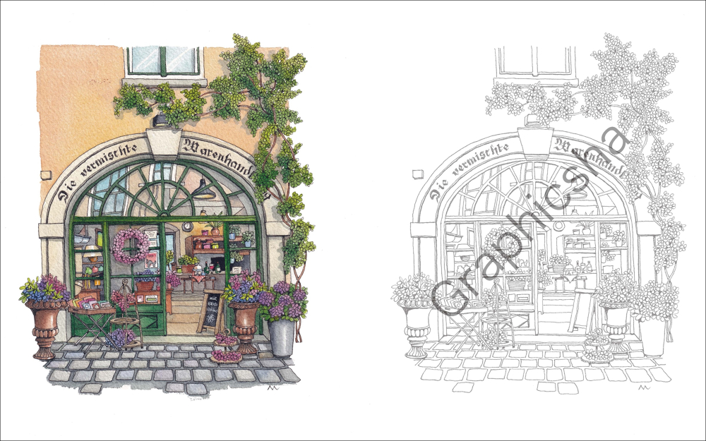 大人の塗り絵『素敵なお店のたたずまい』の画像