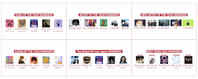 『MUSIC AWARDS JAPAN』ノミネート一覧画像