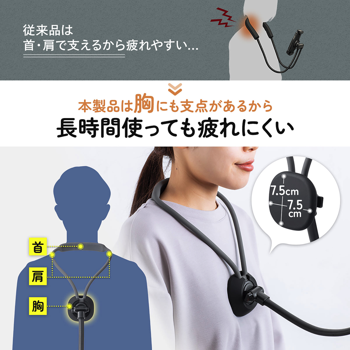 サンワ、スマホ用首掛けアームスタンドの画像