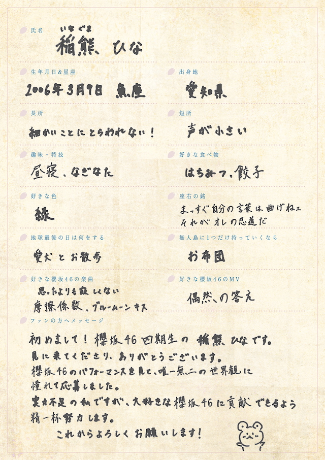 稲熊ひな 手書きプロフィール