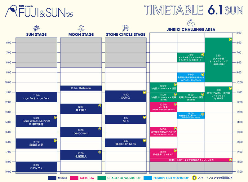 『NEC presents FUJI & SUN ’25』タイムテーブル 6月1日