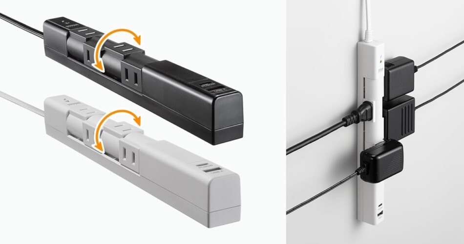 サンワサプライ、3方向に動く回転式電源タップ