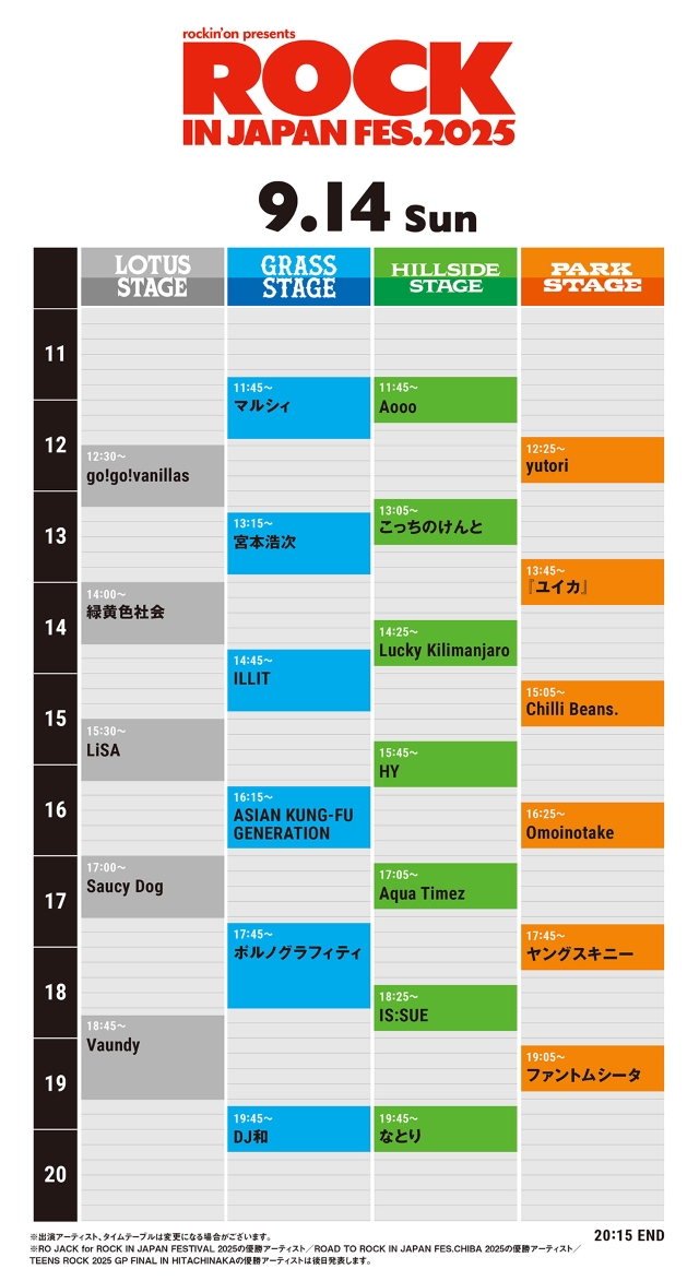 『ROCK IN JAPAN FESTIVAL 2025』9月14日タイムテーブル