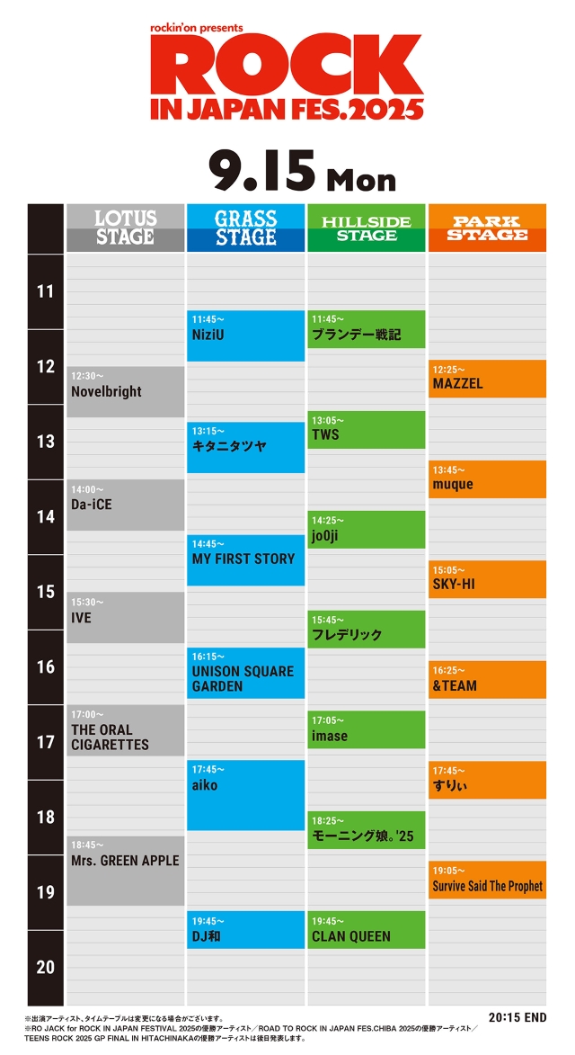 『ROCK IN JAPAN FESTIVAL 2025』9月15日タイムテーブル