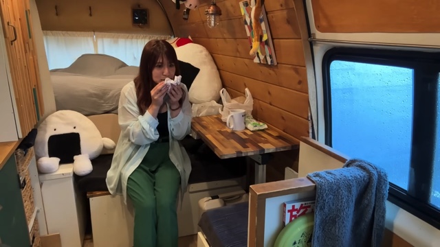 大雨のなか車中泊をするこむすび