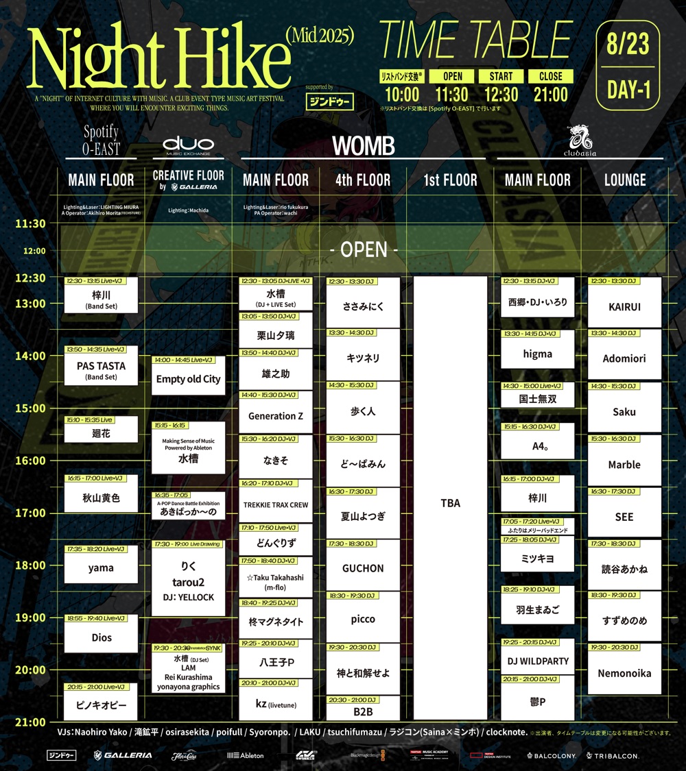 『NIGHT HIKE Mid 2025 supported by ジンドゥー』タイムテーブル