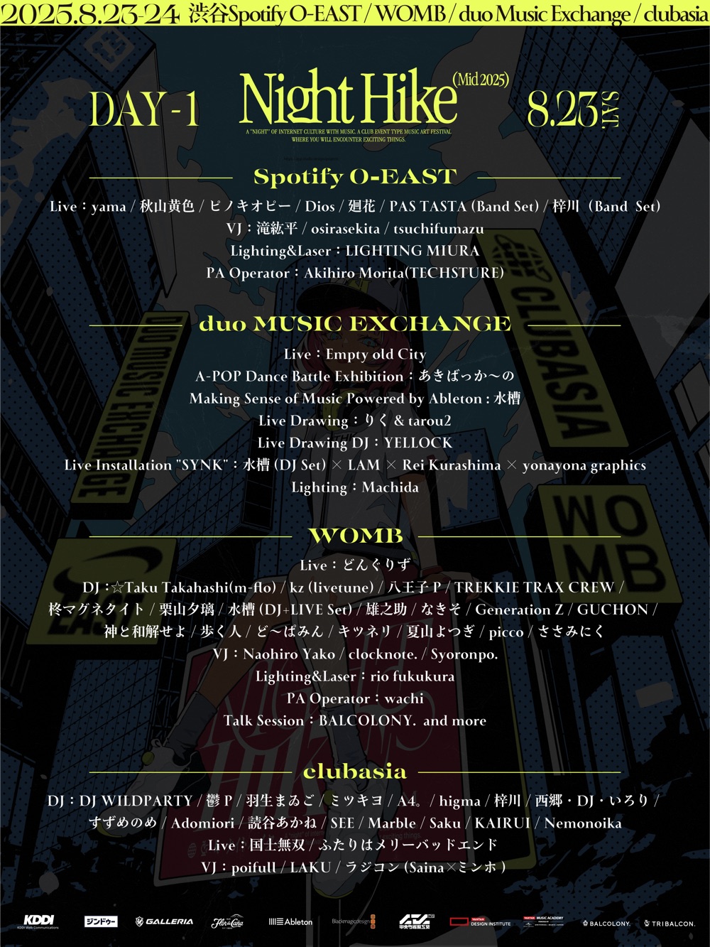 『NIGHT HIKE Mid 2025 supported by ジンドゥー』出演アーティスト一覧