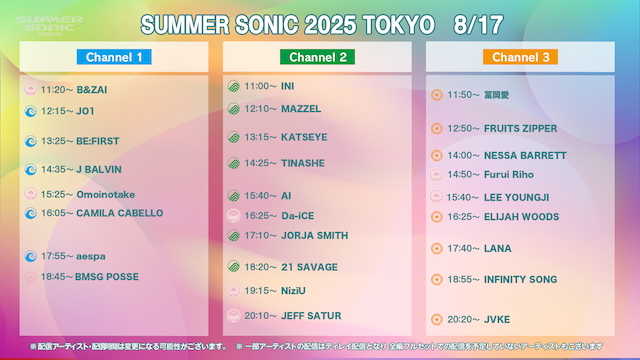 　『SUMMER SONIC 2025』8月17日WOWOWタイムテーブル