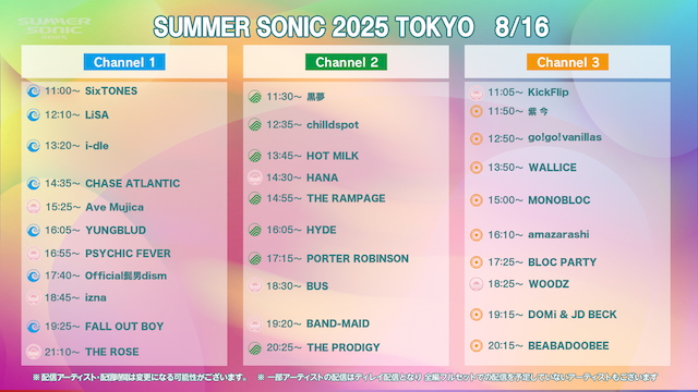 　『SUMMER SONIC 2025』8月16日WOWOWタイムテーブル