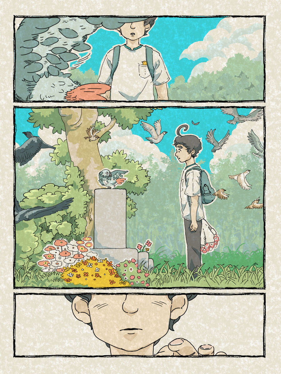 【漫画】寂れたお墓に住むヨウムの画像