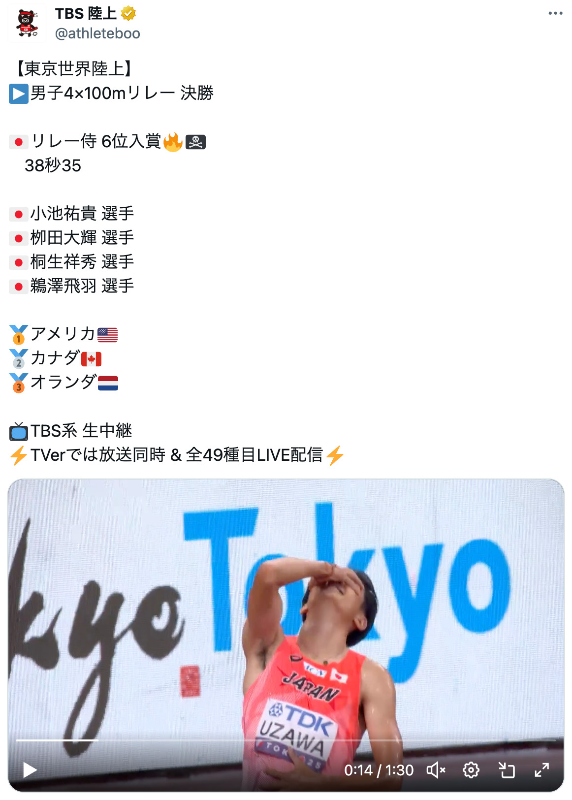 世界陸上・日本代表の『ONE PIECE』ポーズの画像