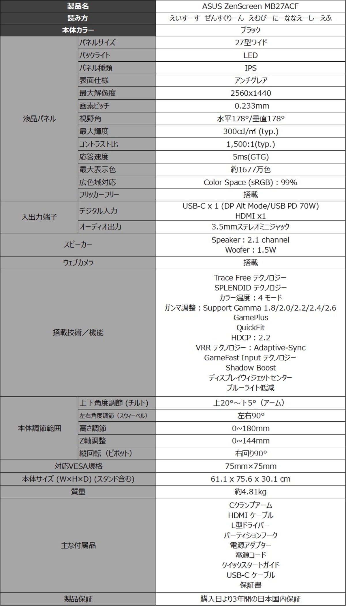 ASUS、持ち運べる27型軽量モニター発売の画像