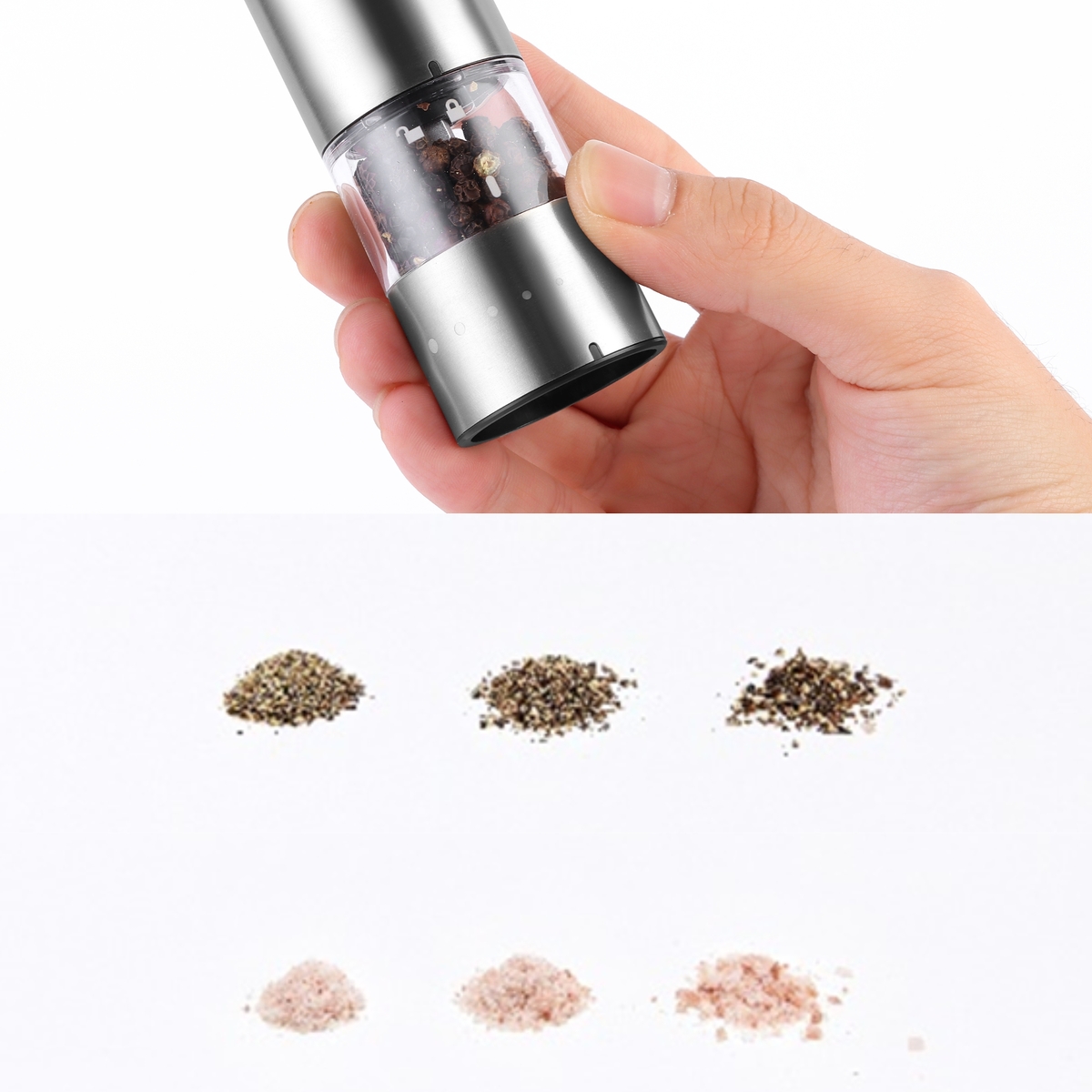 卓上に映えるステンレスミルの画像