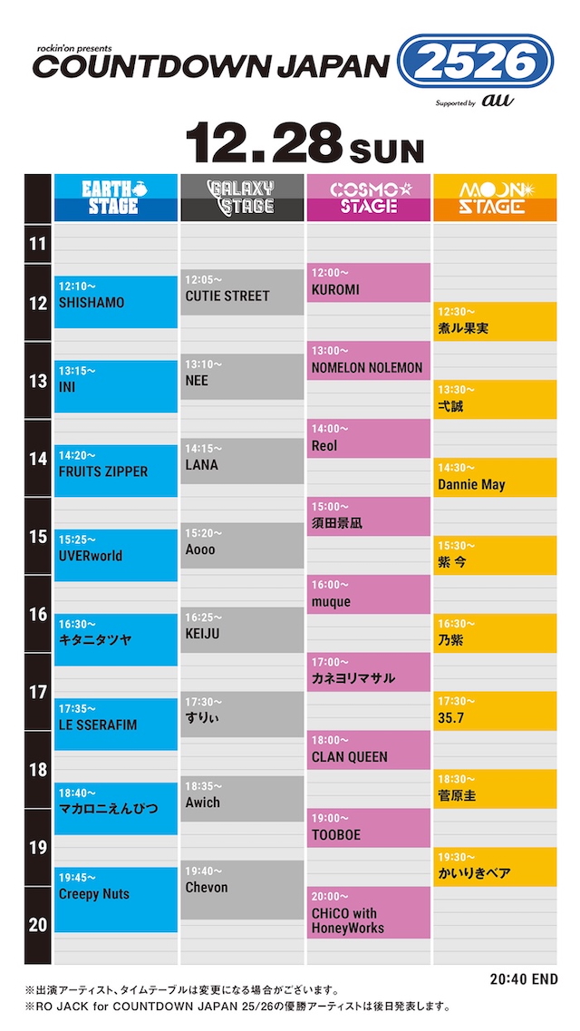 『COUNTDOWN JAPAN 25/26』12月28日タイムテーブル