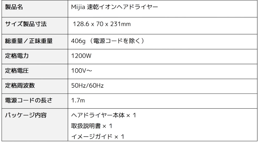 『Mijia 速乾イオンヘアドライヤー』　スペック表