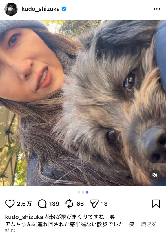 工藤静香、愛犬と散歩の画像