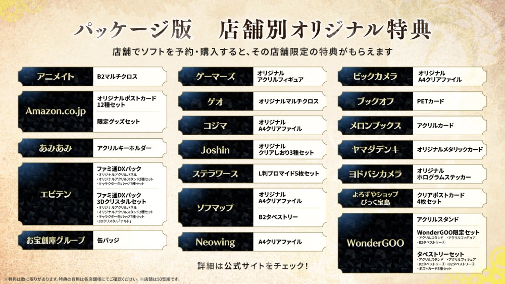 パッケージ版　店舗別オリジナル特典