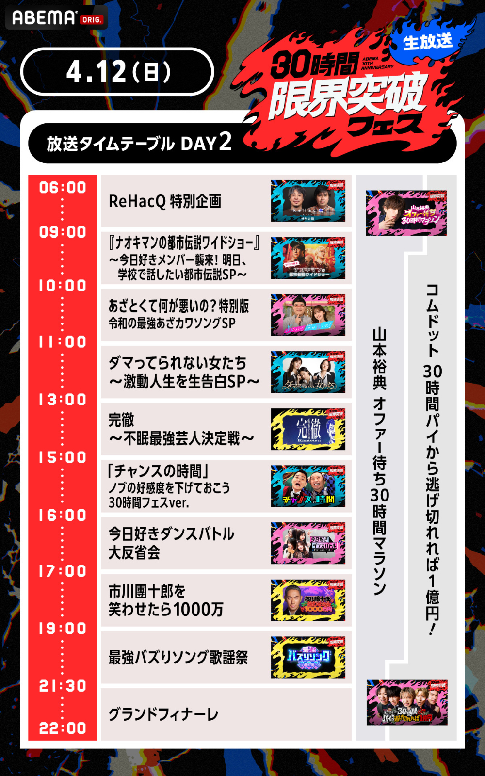 『30時間限界突破フェス』4月12日のタイムテーブル