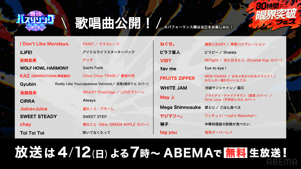 「最強バズりソング歌謡祭」全23組の歌唱曲一覧