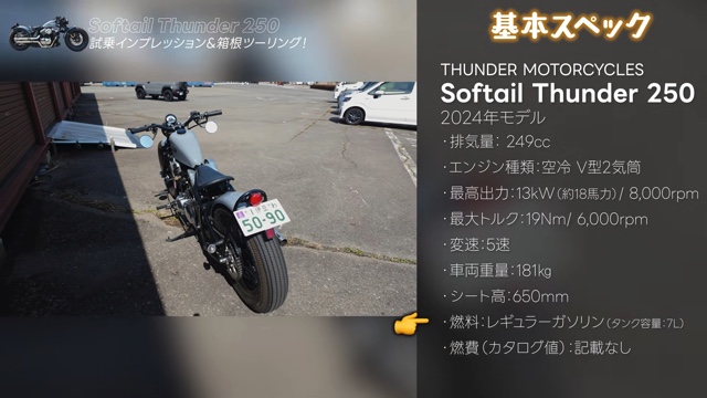 サンダーモーターズサイクルの「Softail Thunder 250」に乗るこつぶ