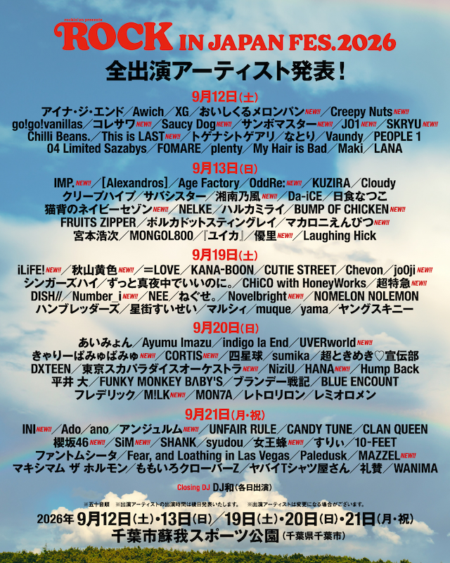 『ROCK IN JAPAN FESTIVAL 2026』全出演アーティスト
一覧