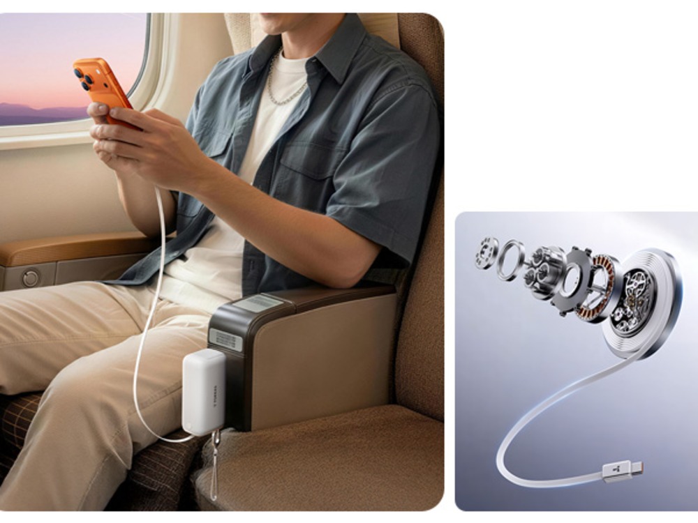 「急速充電器」「モバイルバッテリー」「最長1mの巻取り式ケーブル」の3つの機能を1台