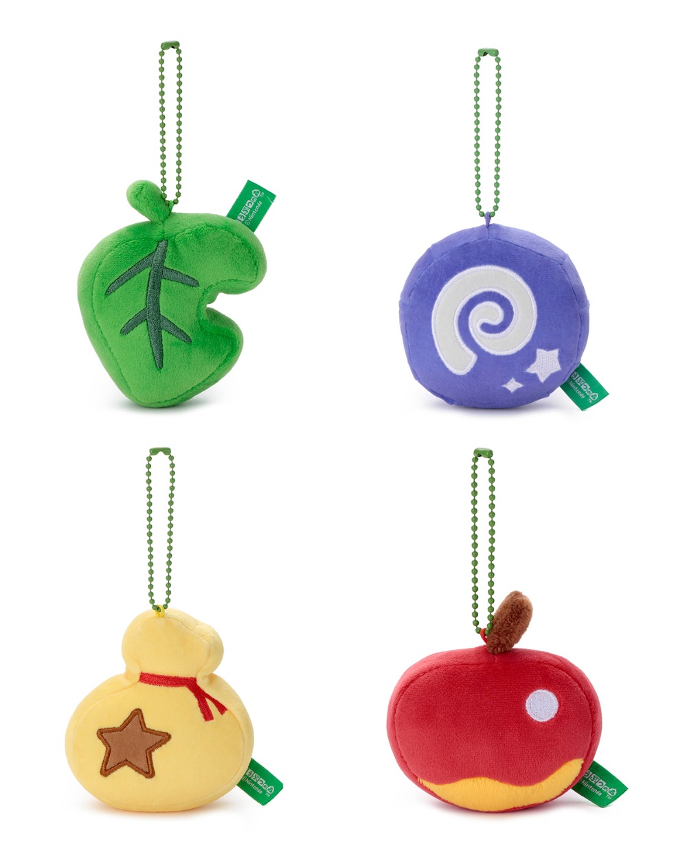 『どうぶつの森 Mocchi-Mocchi- GameStyle ボールチェーンマスコット』 (左上から)はっぱ、かせき /(左下から)ベルぶくろ、リンゴ