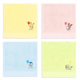 「タオル美術館」左上から）ピカチュウと風船、イーブイと風船、ポッチャマと風船、ミミッキュと風船（縦25×横25㎝）