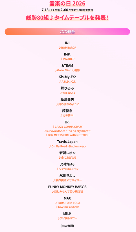 『音楽の日2026』タイムテーブルの画像