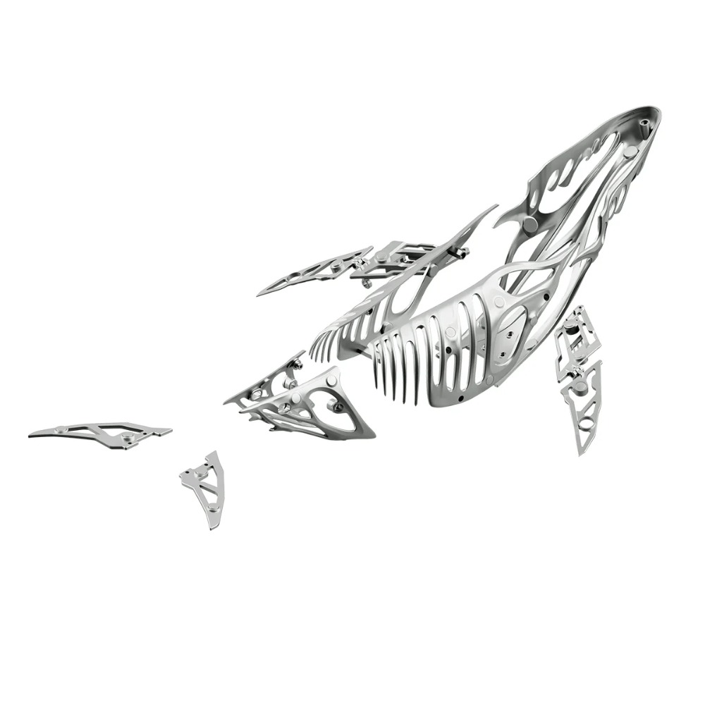 機械式ザトウクジラを構成する金属フレームと外装パーツの展開イメージ