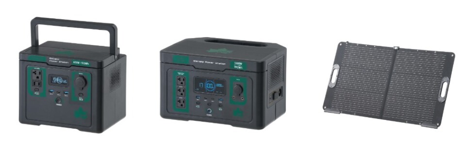 (左)「ポータブル電源 Pro600」 (中央)「ポータブル電源 S1000」 (右)「パワーソーラーパネル(100W)」