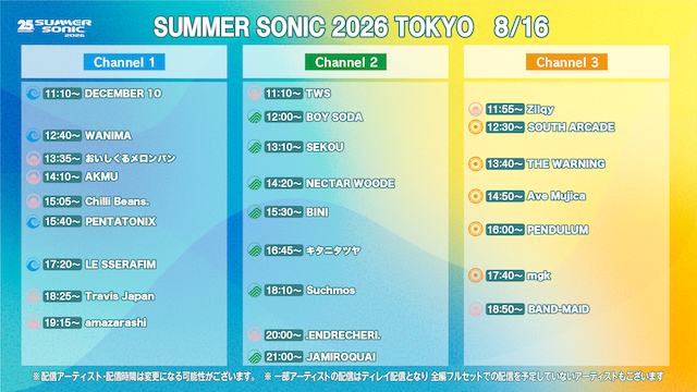 『SUMMER SONIC 2026』配信タイムテーブル(8月16日)