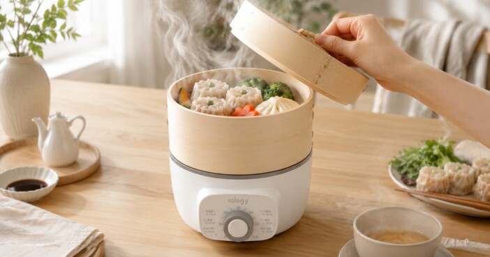 火を使わずタイマーで蒸し調理、せいろの手軽さを追求した『sology 電気蒸し器 ESS5601』登場