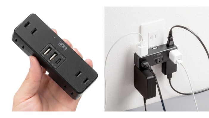 デスク周りがスッキリで鞄に入れて出張でも使える、AC6個口+USB3ポートで最大9台対応 サンワサプライの直挿し電源タップ