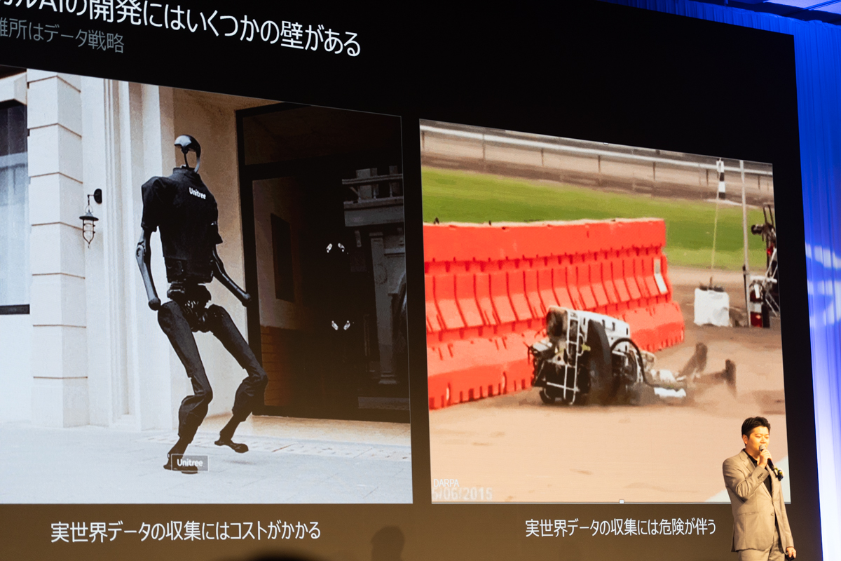 フィジカルAIの学習データを収集する課題を説明するスライド