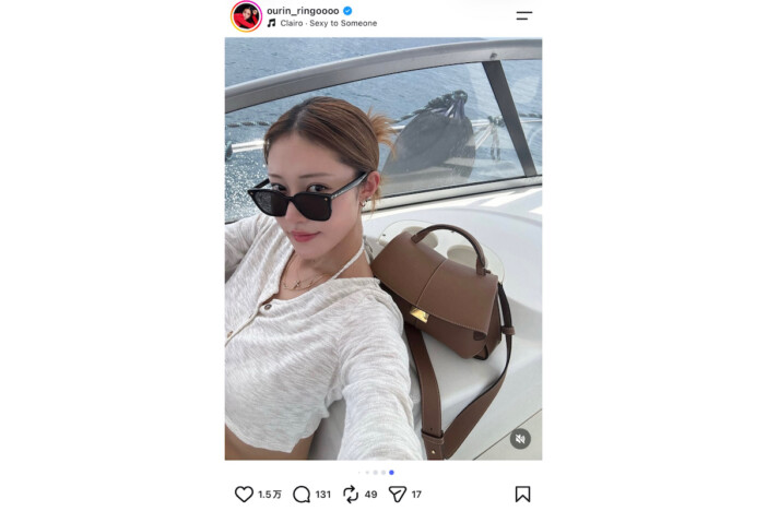 王林、シースルーの超ミニ丈コーデに反響　優雅な船上写真に「もしかしてセレブ!?」「スタイル最高」