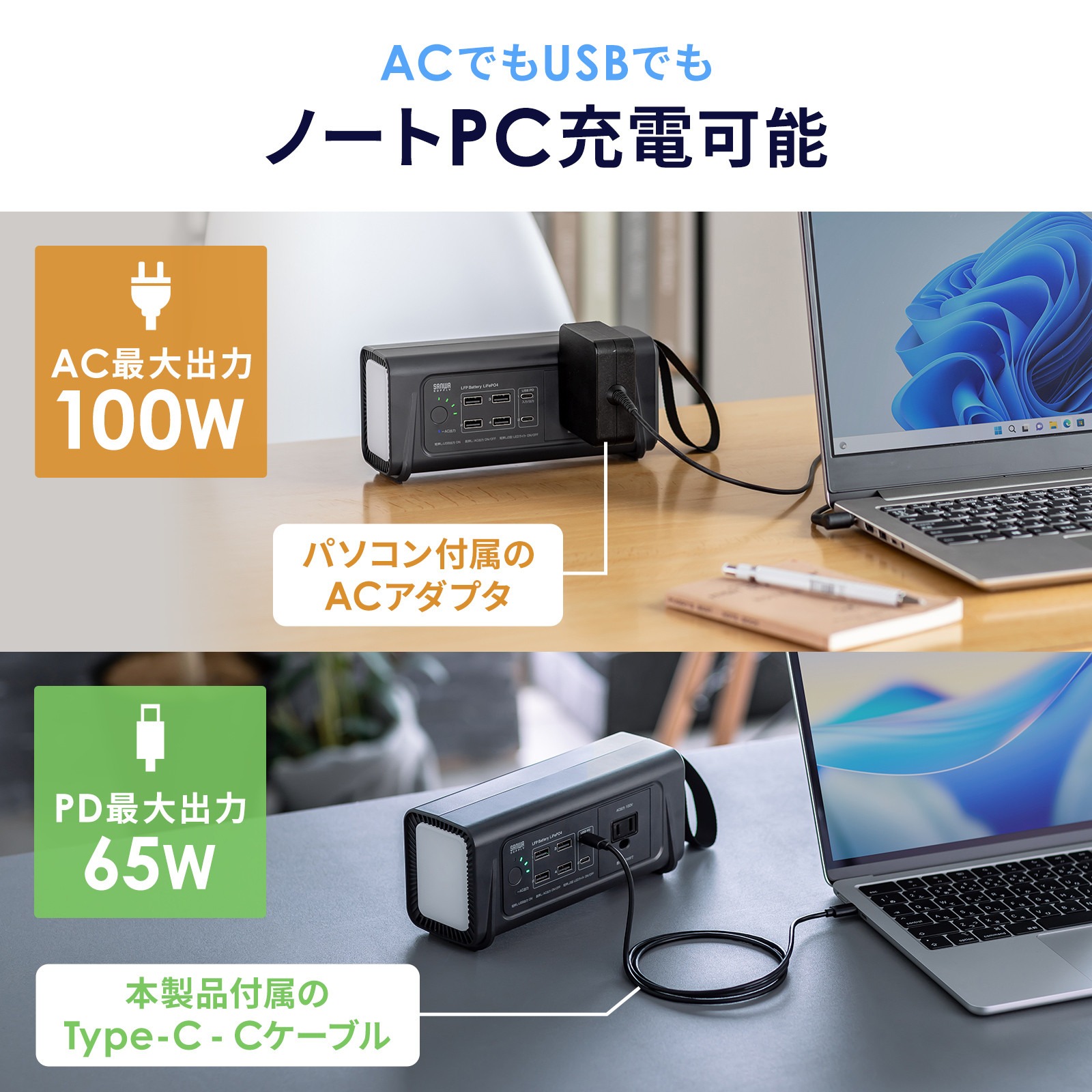 サンワサプライ、AC100W対応モバイルバッテリー発売の画像